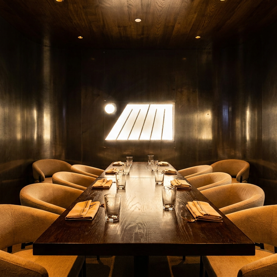 Elegant private dining room featuring a long dark table, curved chairs, and unique illuminated wall panels.