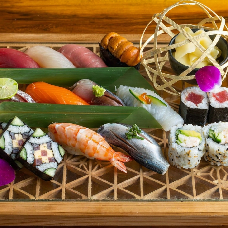Colorful sushi and nigiri platter with maki rolls, ginger, and tamagoyaki on a wooden tray.