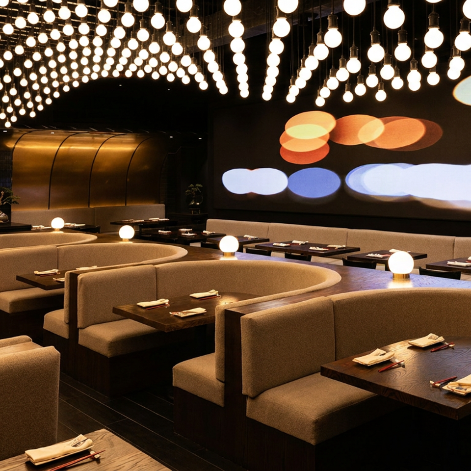 Upscale restaurant dining room with curved booths, numerous ceiling lights, and golden wall accents.