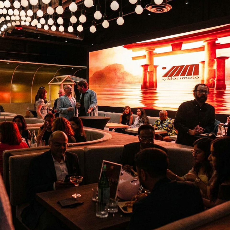 Busy restaurant interior with patrons dining and a large screen displaying a Japanese Torii gate and "by Morimoto".