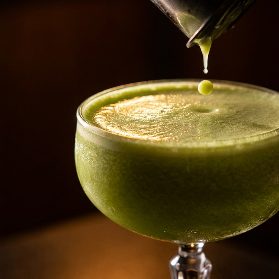 A vibrant green cocktail in a coupe glass, with a drop falling into its surface.