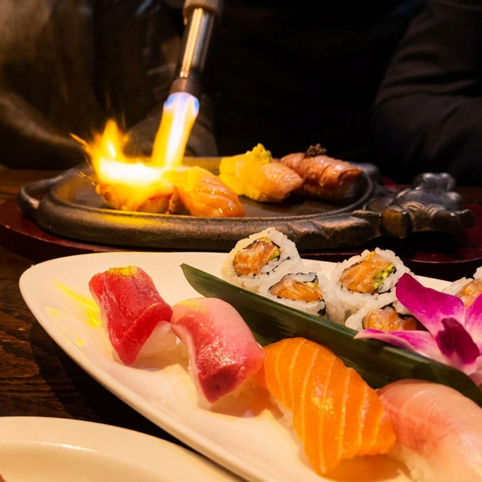 Person torches food on a sizzling plate, with a colorful sushi and sashimi platter nearby.