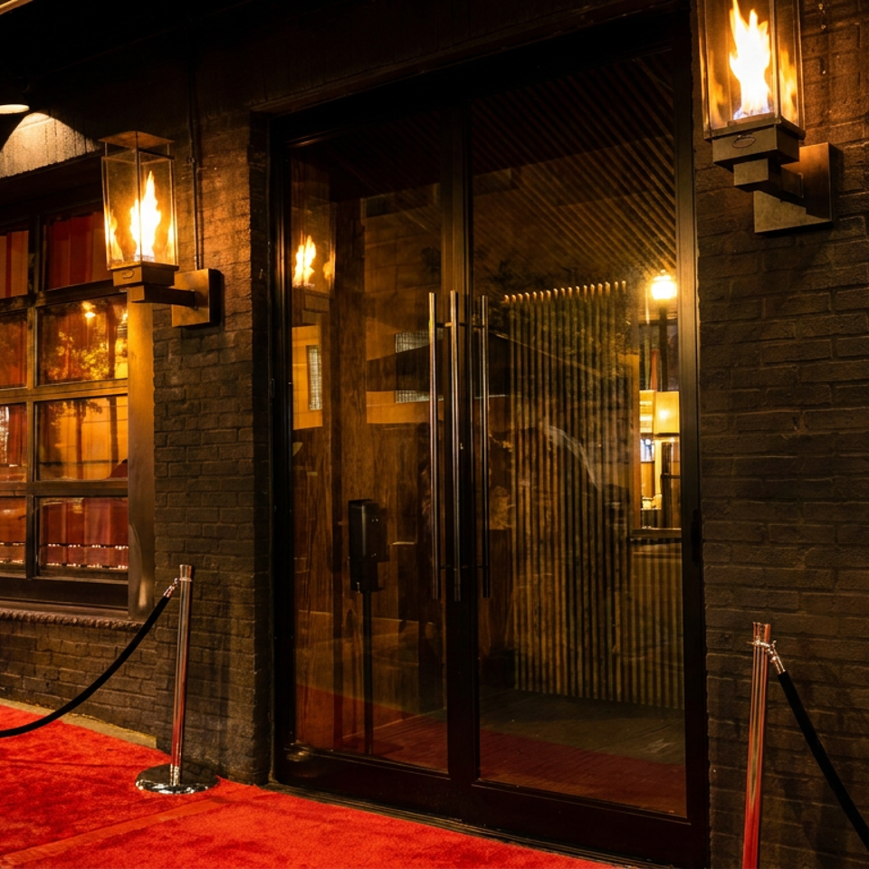 Dark restaurant exterior with a red carpet leading to glass doors, illuminated by flame lanterns.