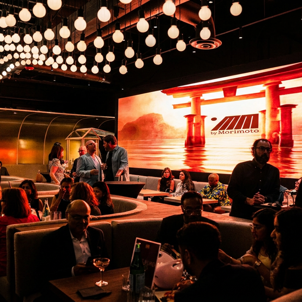 Lively restaurant interior with guests, decorative lights, and a large screen showing a Morimoto torii gate.
