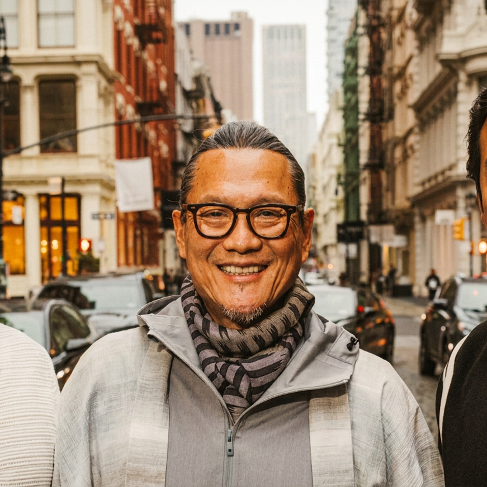Three smiling men stand on a city street with tall buildings in the background.