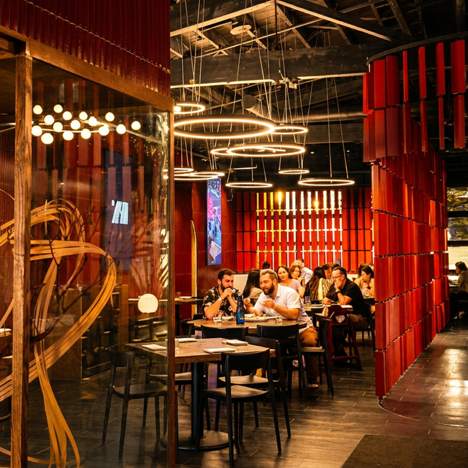 Diners enjoy a modern restaurant interior with red screens, circular lights, and abstract wooden decor.