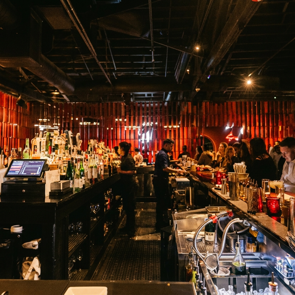 Bartenders serve drinks at a lively, dark bar with red-lit walls and a cow sculpture.
