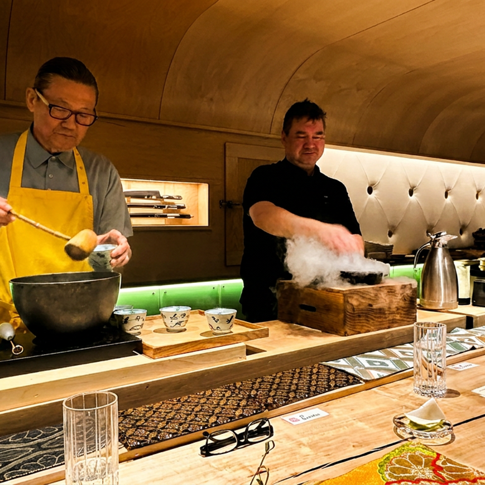 Two chefs prepare food at a wooden counter, one ladling, the other with a steaming dish.